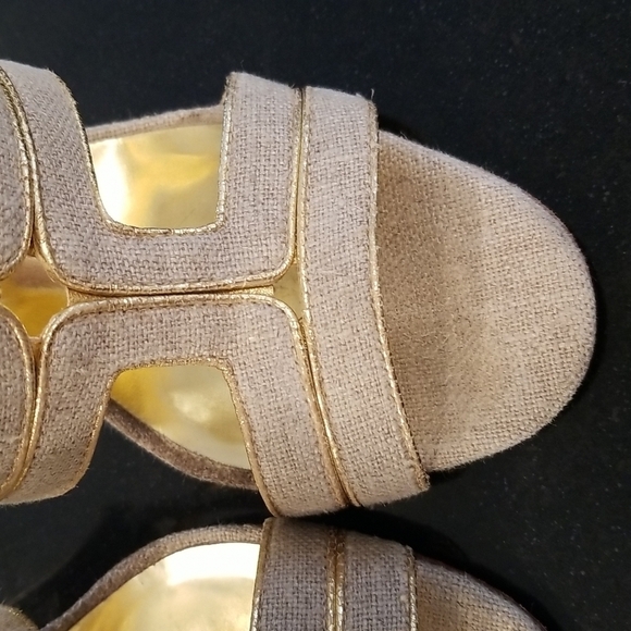 💕TORY BURCH💕 Leather Cage Sandal Heels ~ Open Toe Canvas & Gold 7.5 - Picture 5 of 14